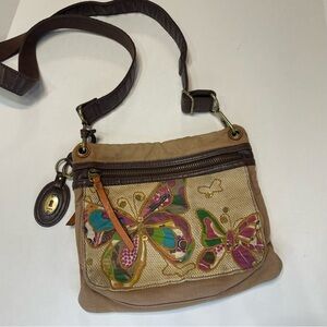 Fossil Tan and Brown Crossbody Bag with Whimsical Butterfly Design. Pre-owned.